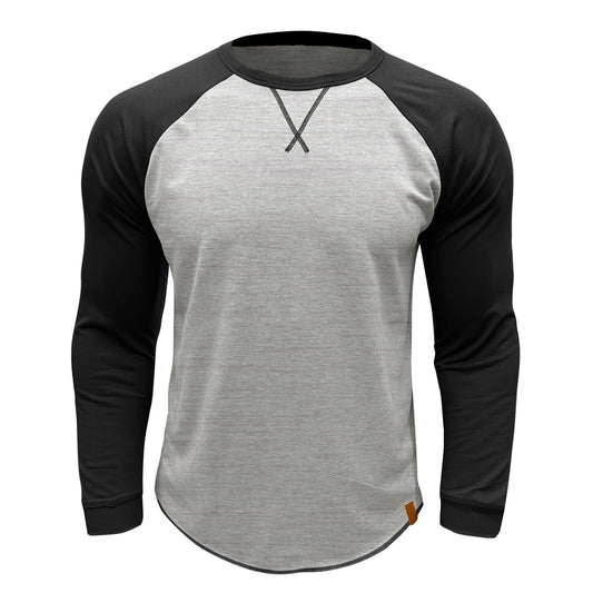 Men's long sleeved round neck casual T-shirt gray white with black