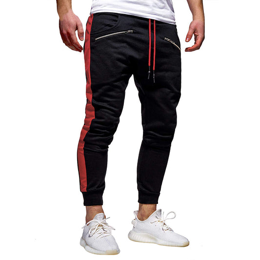 Men's drawstring sport color blocked casual pants black with red