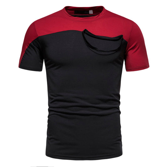 Men's color-blocked round neck short-sleeved T-shirt with army green upper and black lower