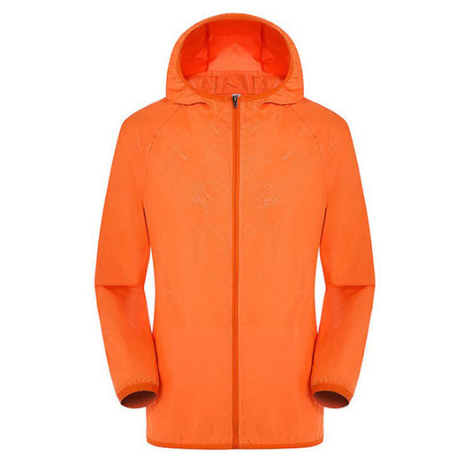 Men's solid color dark pattern zipper hooded waterproof sunscreen suit comes with a same color storage bag in orange