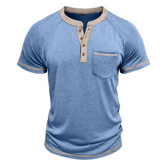 Men's solid color round neck half-breasted loose casual short-sleeved T-shirt blue