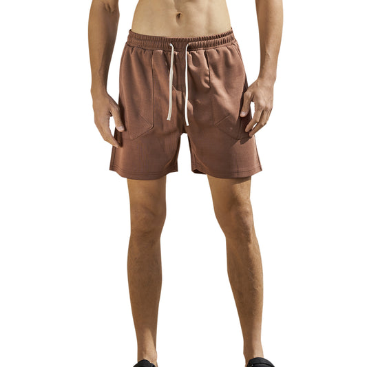 Men's solid color elastic waist sports loose casual shorts with large pockets - coffee