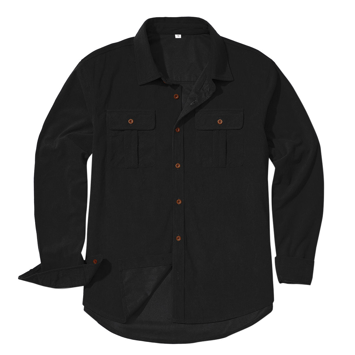 Men's solid color lapel single-breasted casual long-sleeve shirt in black