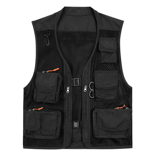 Men's solid color multi-pocket thin mesh casual vest black