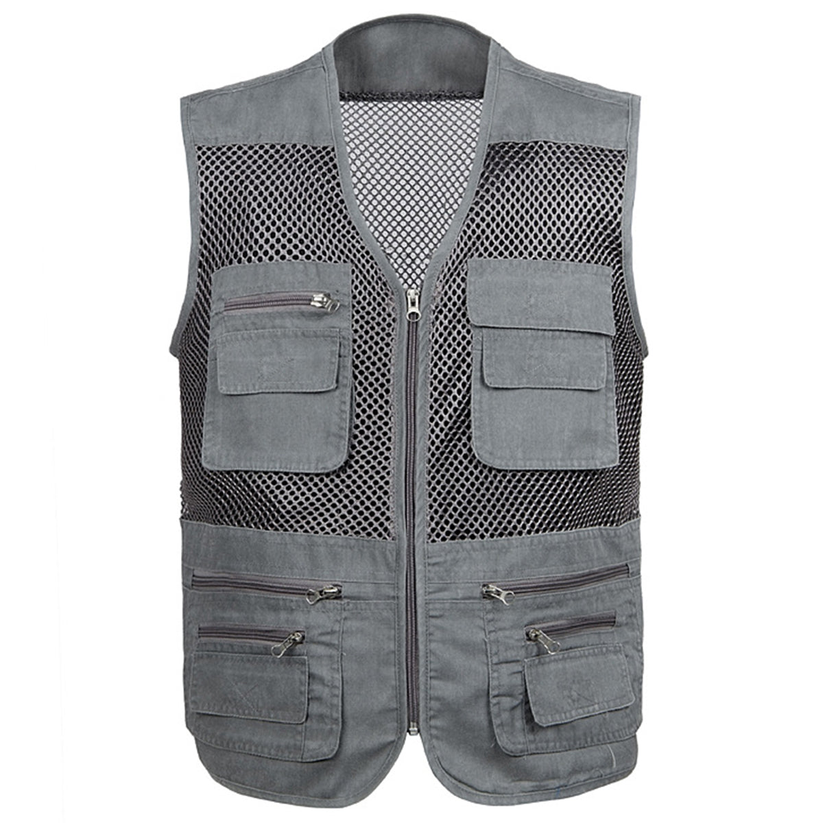 Men's multi pocket V-neck casual vest gray