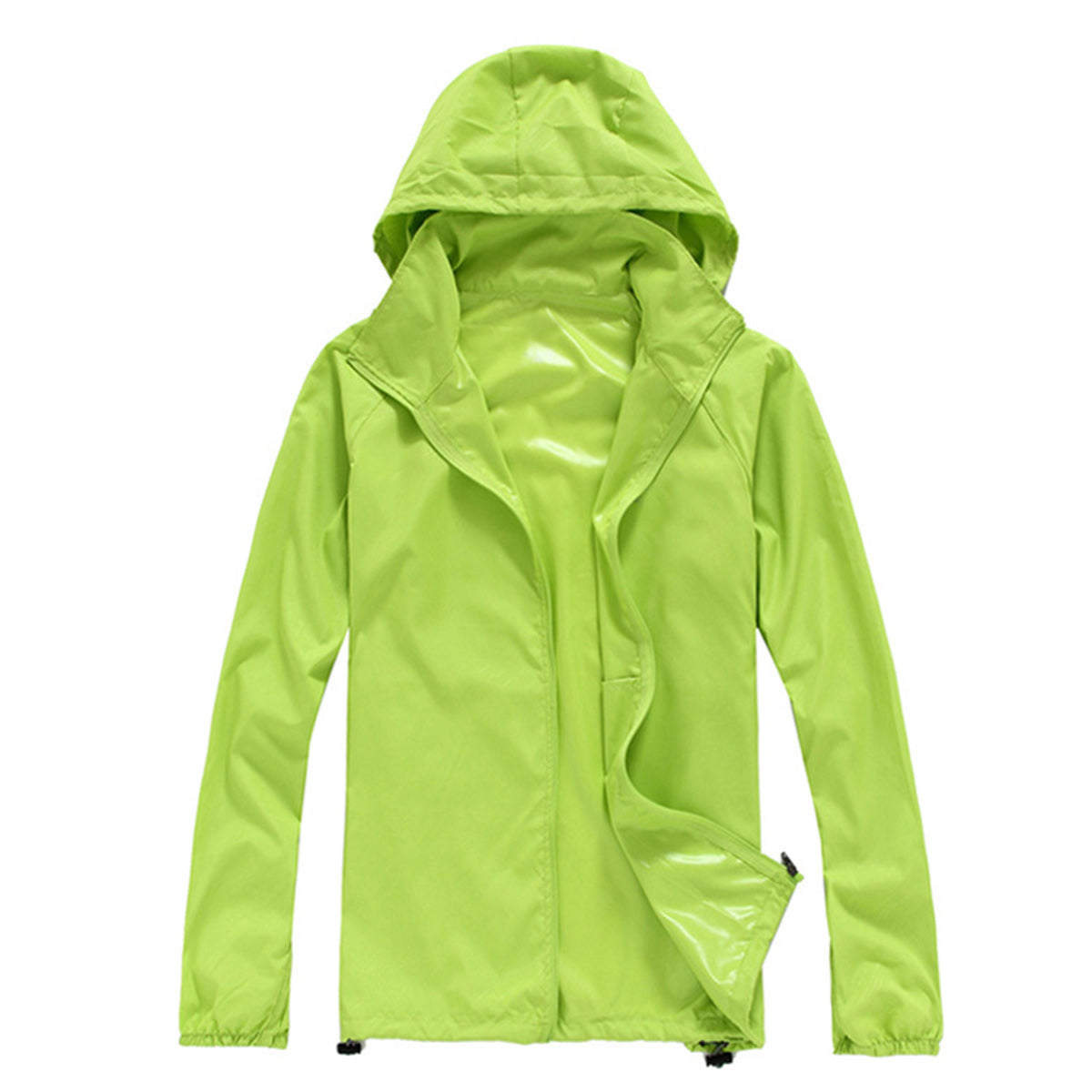 Men's solid color dark pattern zipper hooded waterproof sunscreen suit comes with a same color storage bag in fruit green