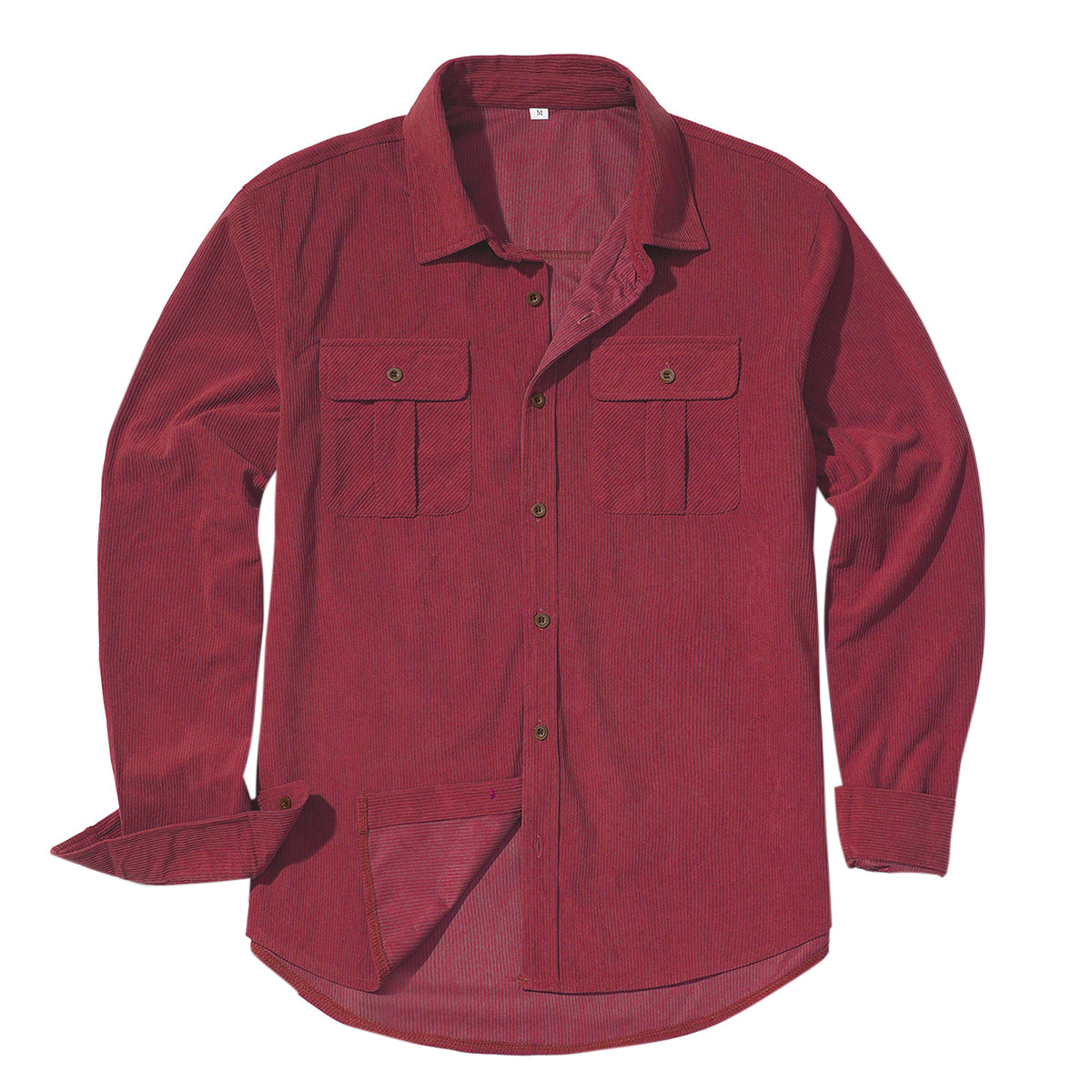 Men's solid color lapel single-breasted casual long-sleeve shirt in red
