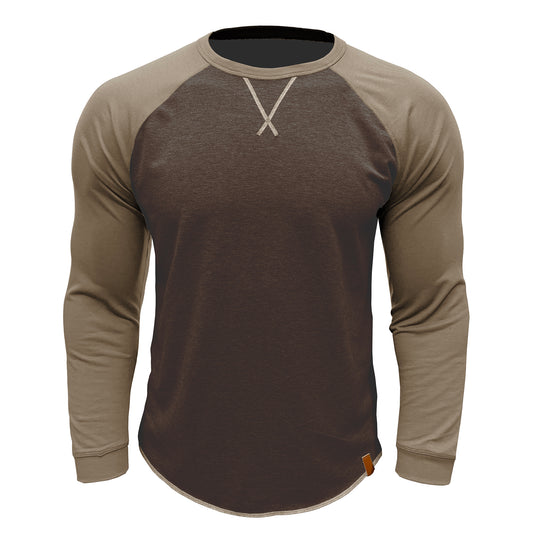 Men's long sleeved round neck casual T-shirt brown with khaki