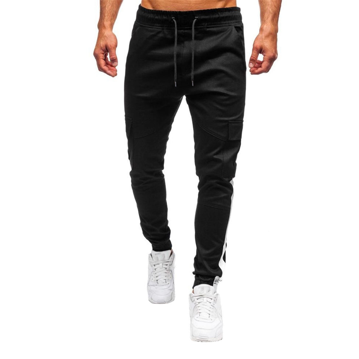 Men's color blocked drawstring multi pocket sports casual pants black