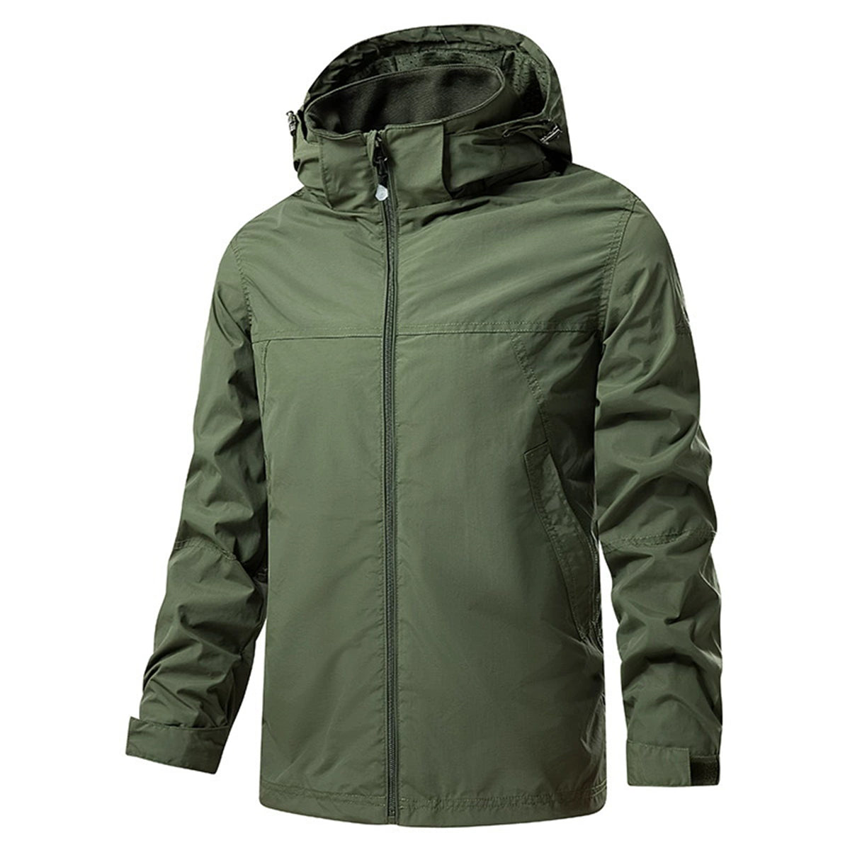 Men's casual single zip hooded jacket in solid green