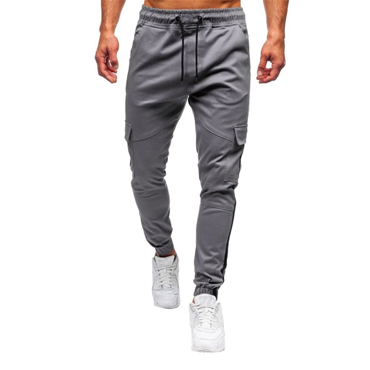 Men's color blocked drawstring multi pocket sports casual pants gray