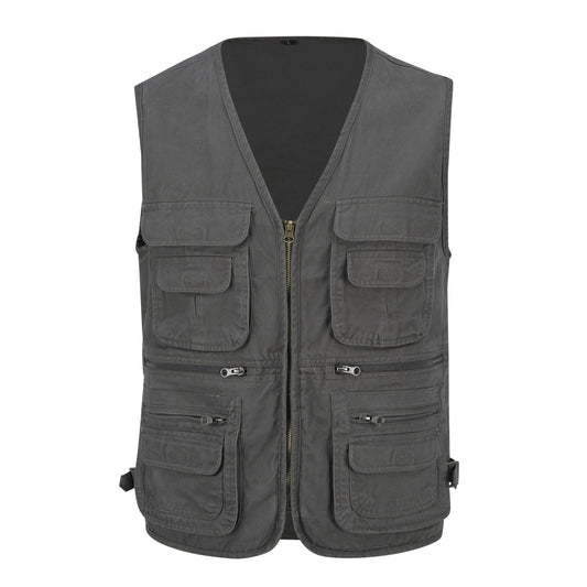 Men's solid v-neck multi-pocket vest dark gray