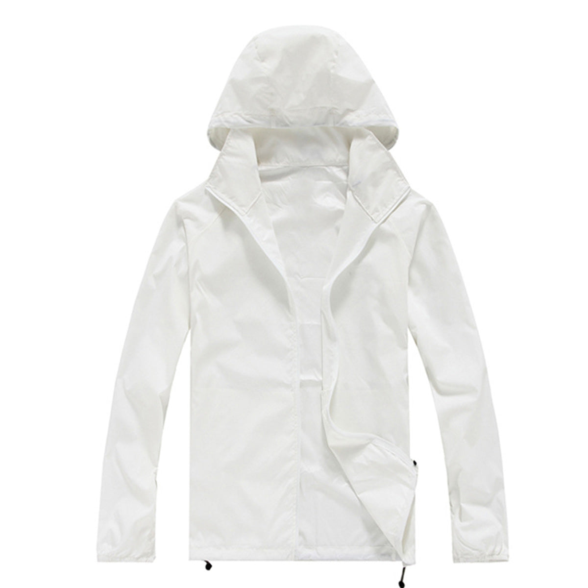 Men's solid color dark pattern zipper hooded waterproof sunscreen suit comes with a white storage bag in the same color