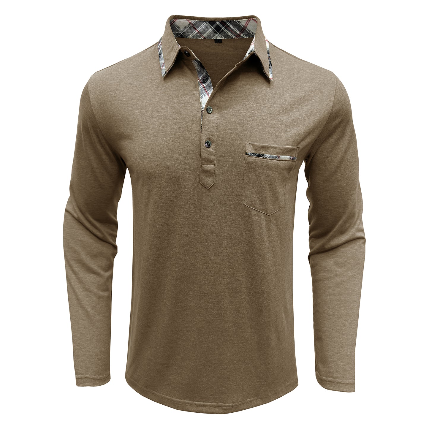 Men's lapel long sleeve slim T-shirt khaki