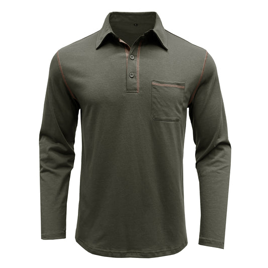 Men's solid lapel long-sleeved T-shirt army green