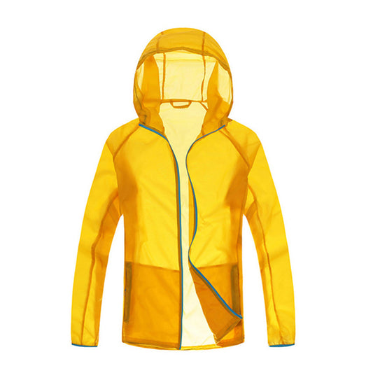 Men's solid color zipper hooded sunscreen clothing comes with a same color storage bag