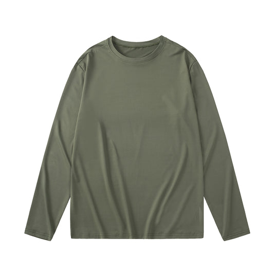 Men's loose round neck long sleeved T-shirt military green