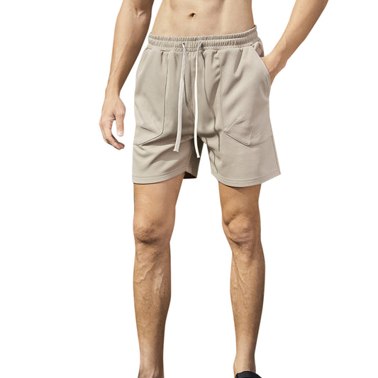 Men's solid color elastic waist sports loose casual shorts with large pockets - light khaki