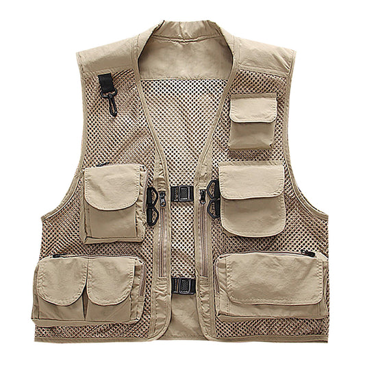 Men's solid mesh multi-pocket vest beige
