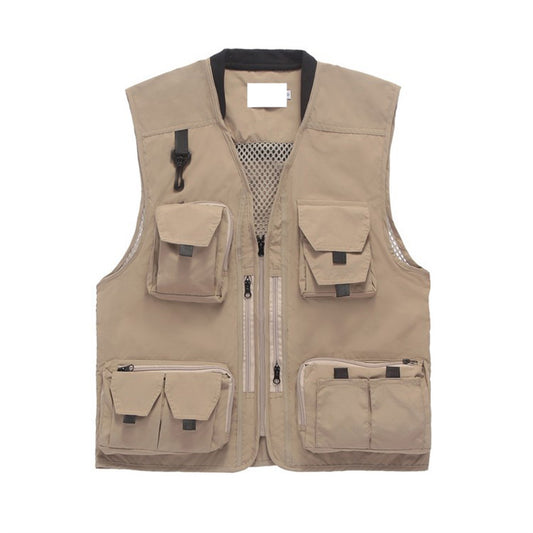 Men's solid color multi-pocket casual vest khaki