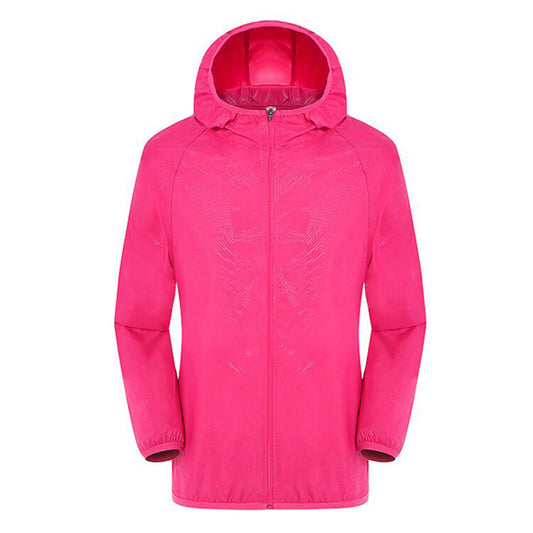 Men's solid color dark pattern zipper hooded waterproof sunscreen suit comes with a same color storage bag in rose red