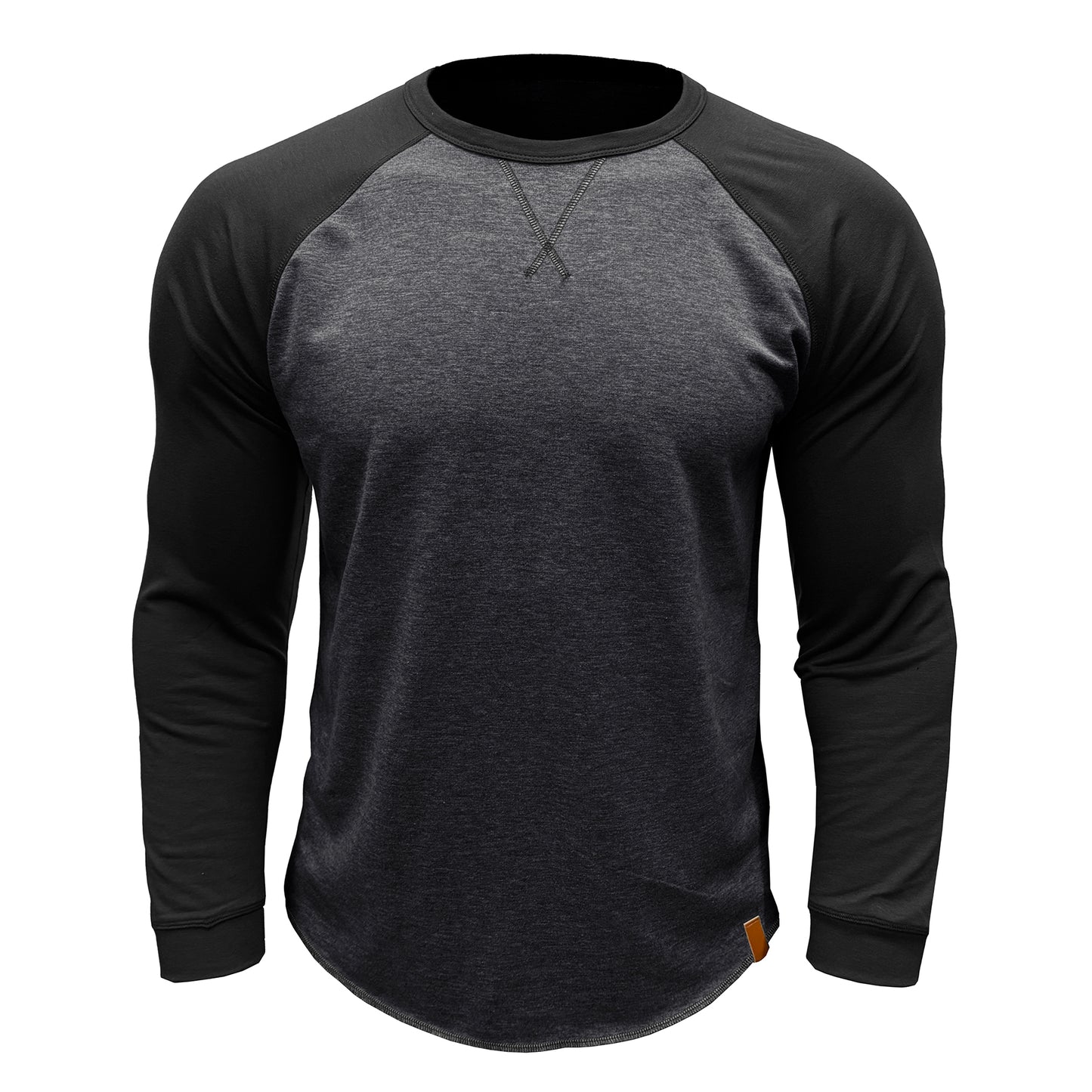 Men's long sleeved round neck casual T-shirt in dark gray with black