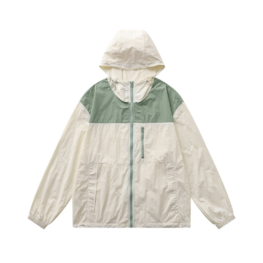 Men's color blocked hooded long sleeved sunscreen jacket in apricot color