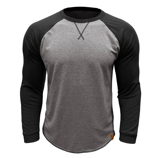 Men's long sleeved round neck casual T-shirt light gray with black