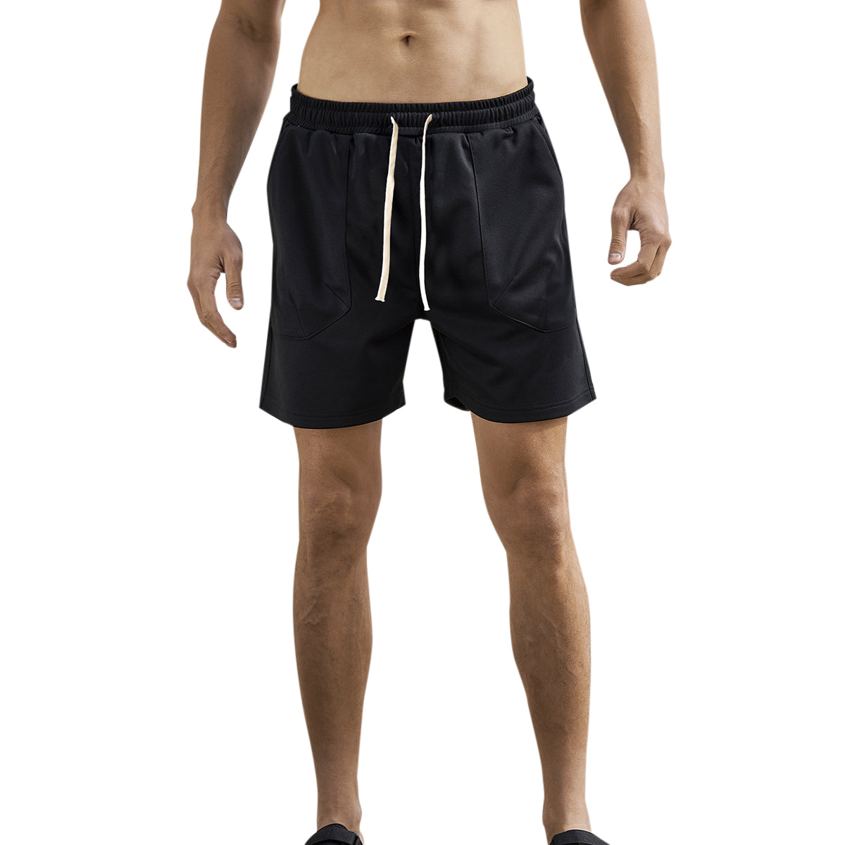 Men's solid color elastic waist sports loose casual shorts with large pockets - black