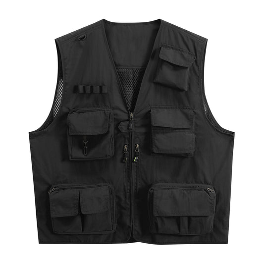 Men's V-neck solid color outdoor multi pocket casual vest black