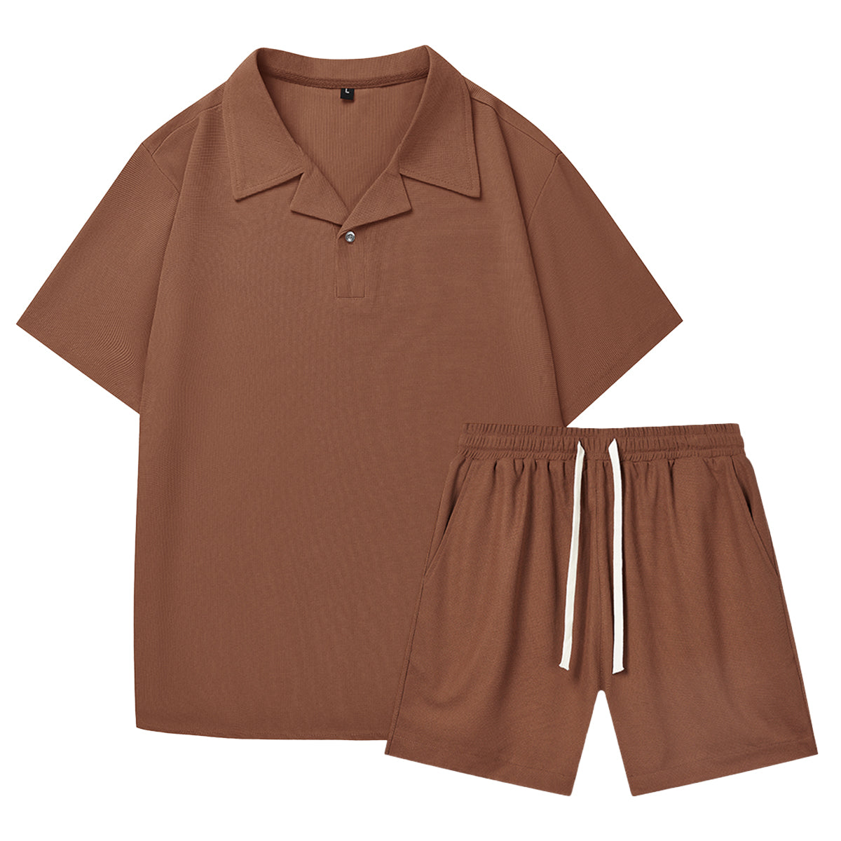 Men's casual two-piece jacket and shorts coffee in a solid waffle brown