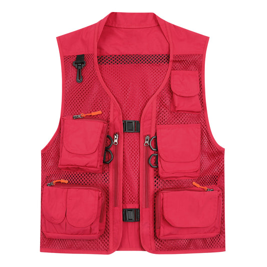 Men's solid color multi-pocket thin mesh casual vest red