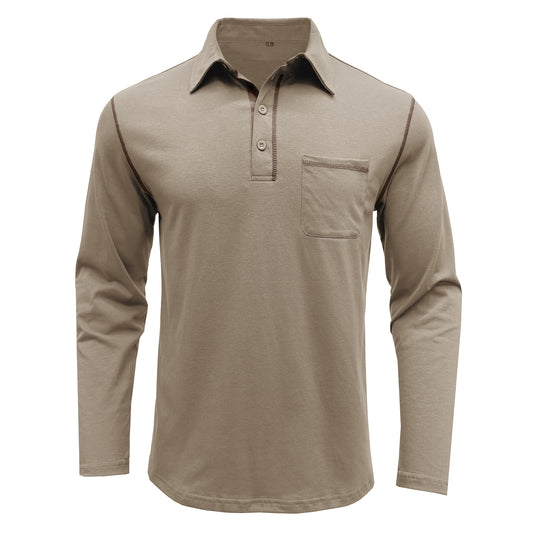 Men's solid lapel long-sleeved T-shirt khaki