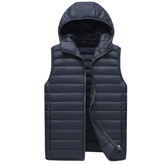Men's middle-aged solid color plush hooded vest navy blue