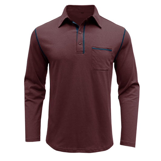 Men's solid lapel long-sleeved T-shirt wine red
