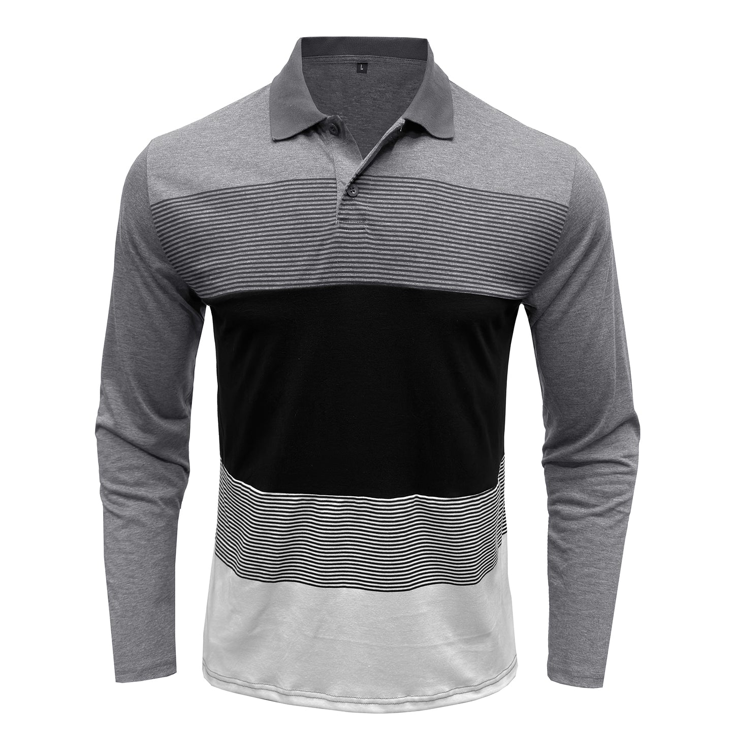 Men's colorblock lapel striped long-sleeved T-shirt light gray