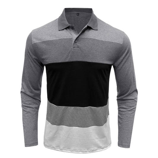 Men's colorblock lapel striped long-sleeved T-shirt light gray