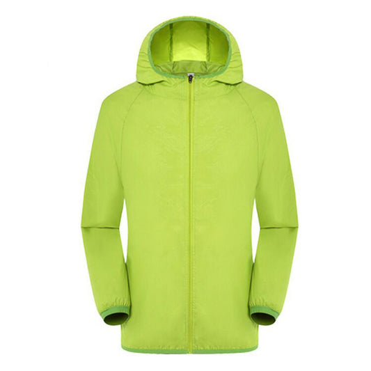 Men's solid color dark pattern zipper hooded waterproof sunscreen suit comes with a same color storage bag in fruit green