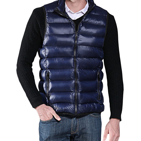 Men's Stand Collar Solid Color Cotton Vest Dark Blu