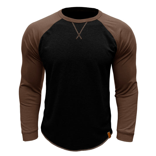 Men's long sleeved round neck casual T-shirt black with brown