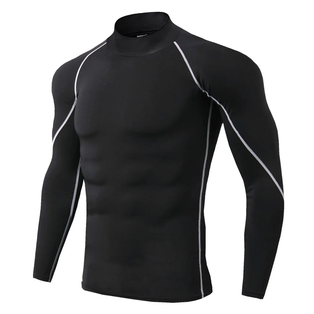 Men's solid color stand up collar long sleeved T-shirt with black background and gray thread