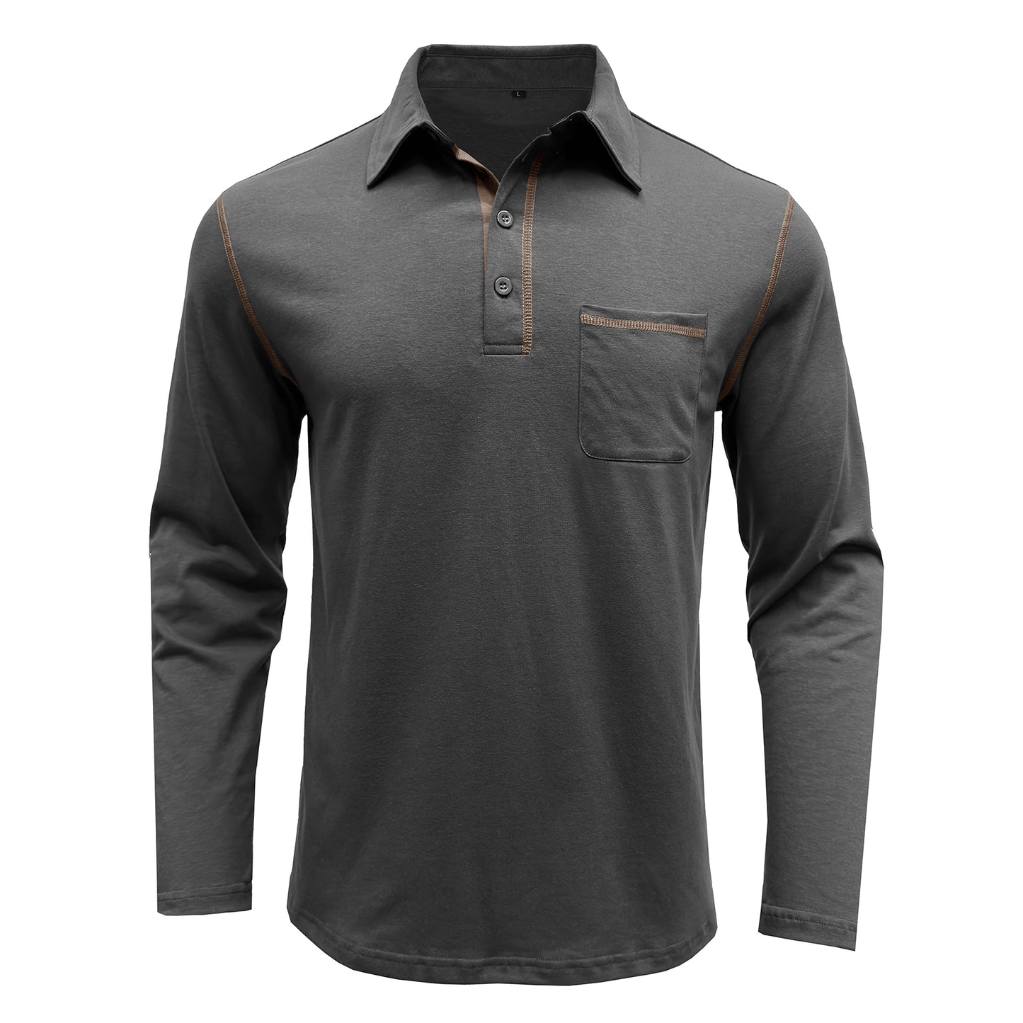 Men's solid lapel long-sleeved T-shirt dark gray