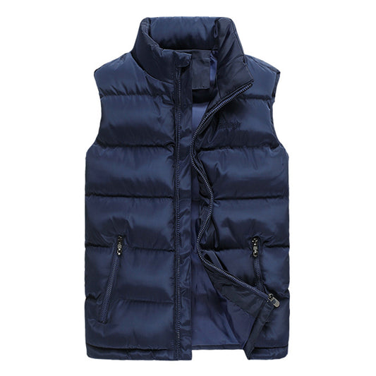 Men's down cotton stand collar solid color vest coat blue