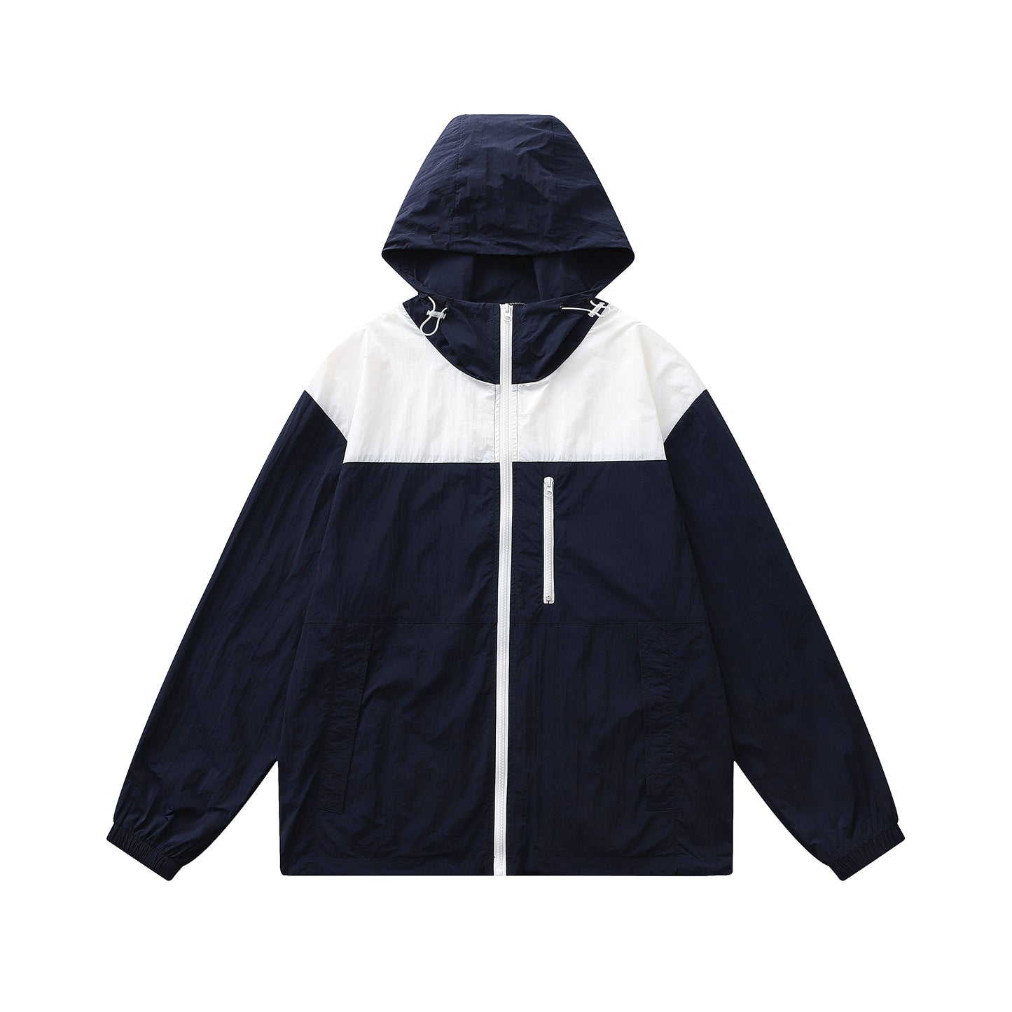 Men's color blocked hooded long sleeved sunscreen jacket in navy blue