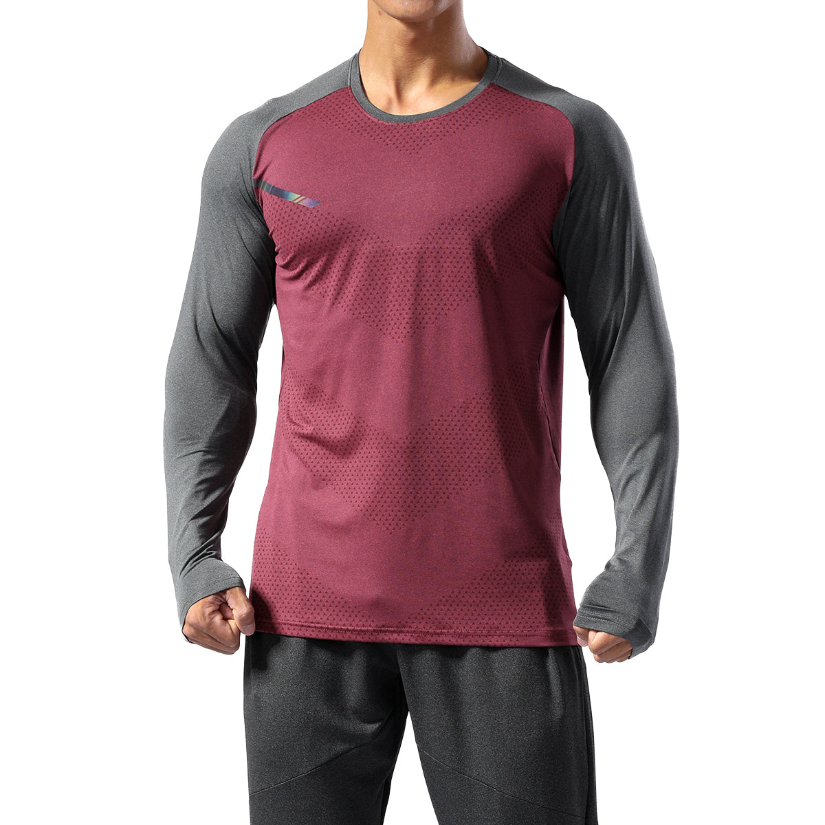 Men's color blocked round neck quick drying long sleeved T-shirt in jujube red