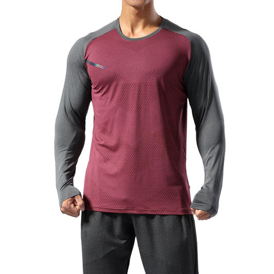 Men's color blocked round neck quick drying long sleeved T-shirt in jujube red