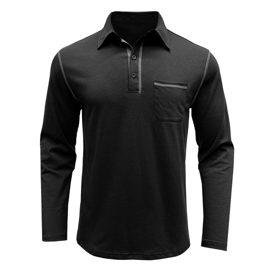 Men's solid lapel long-sleeved T-shirt black