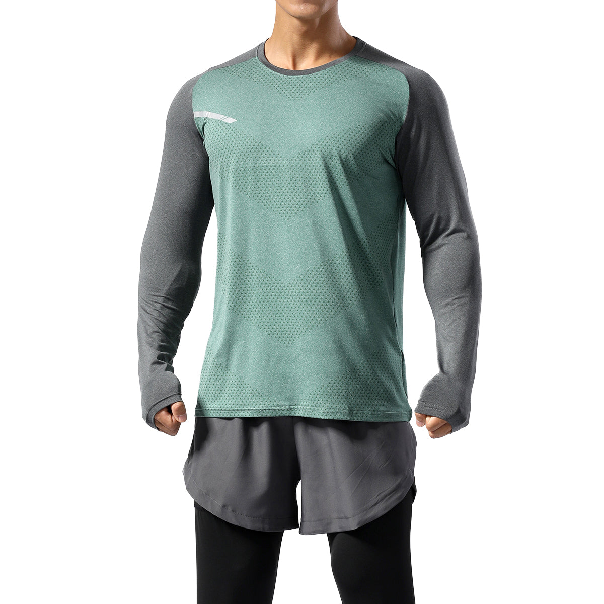 Men's color blocked round neck quick drying long sleeved T-shirt in green